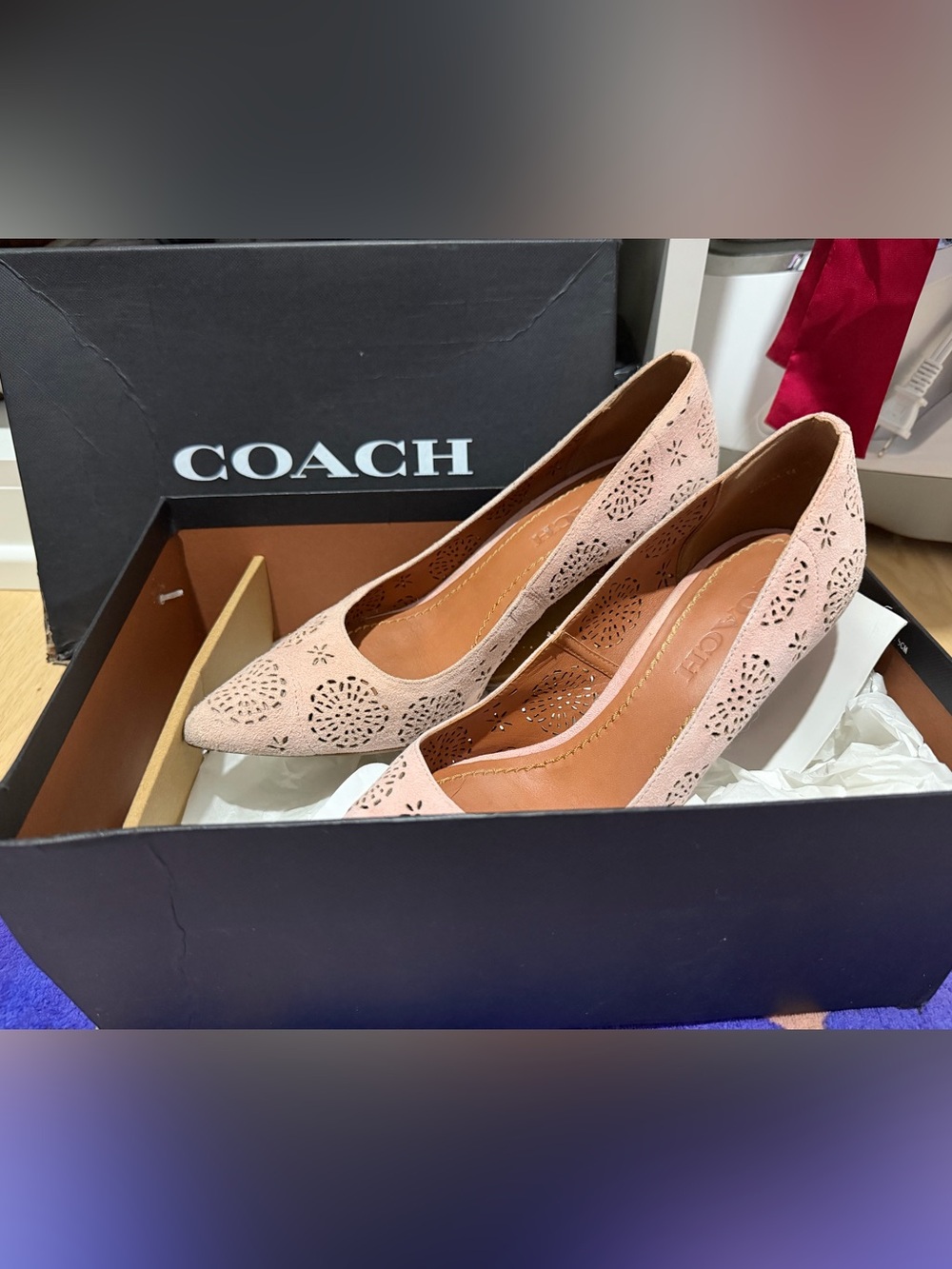 COACH Blush Pink Suede Laser-Cut Pointed-Toe Pumps
